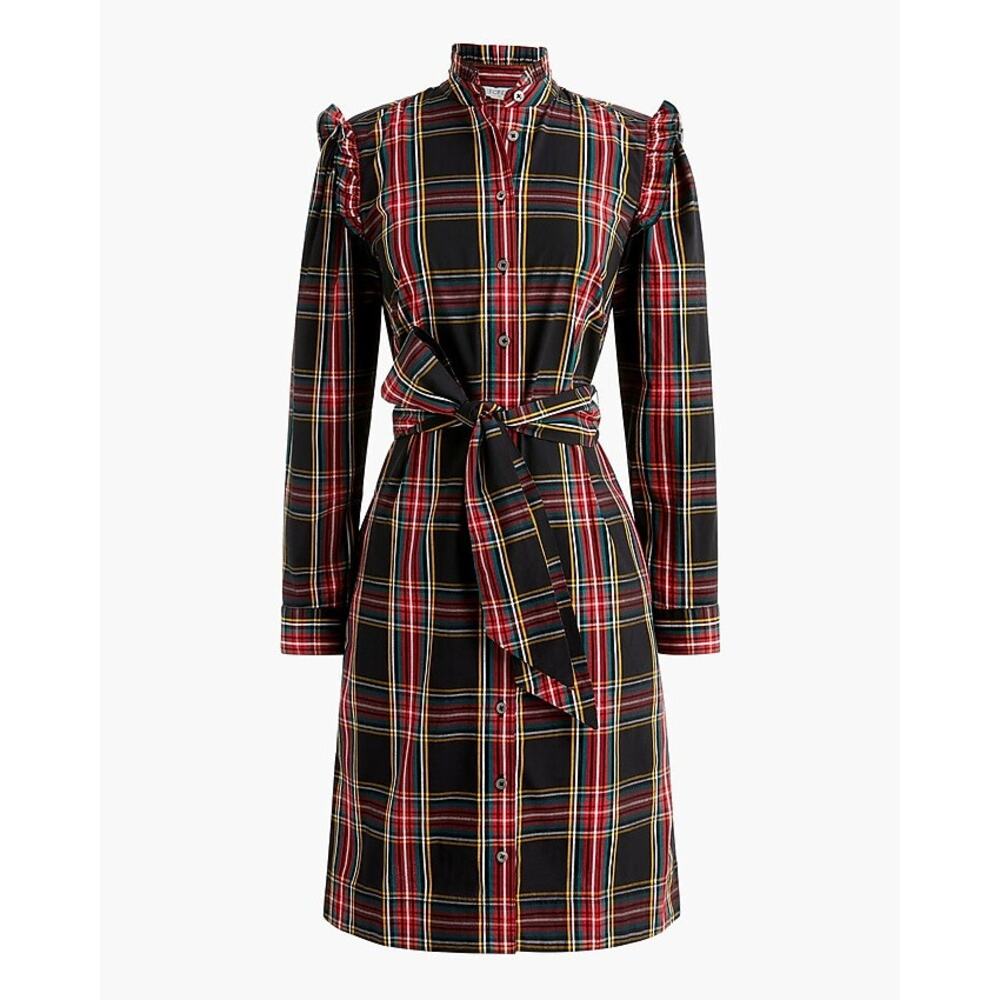J Crew Ruffle Neck Tartan Shirt Dress